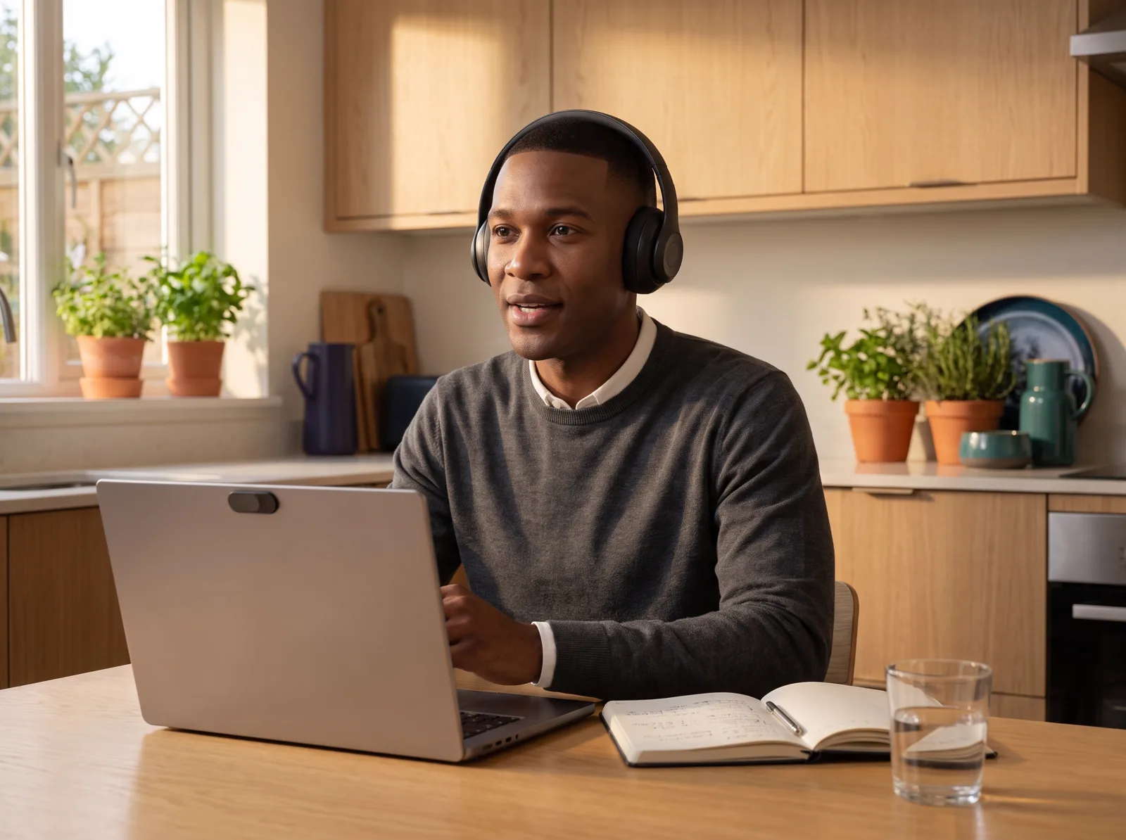 Une candidate chez elle, casque sur les oreilles, répond à voix haute à une question d’entretien