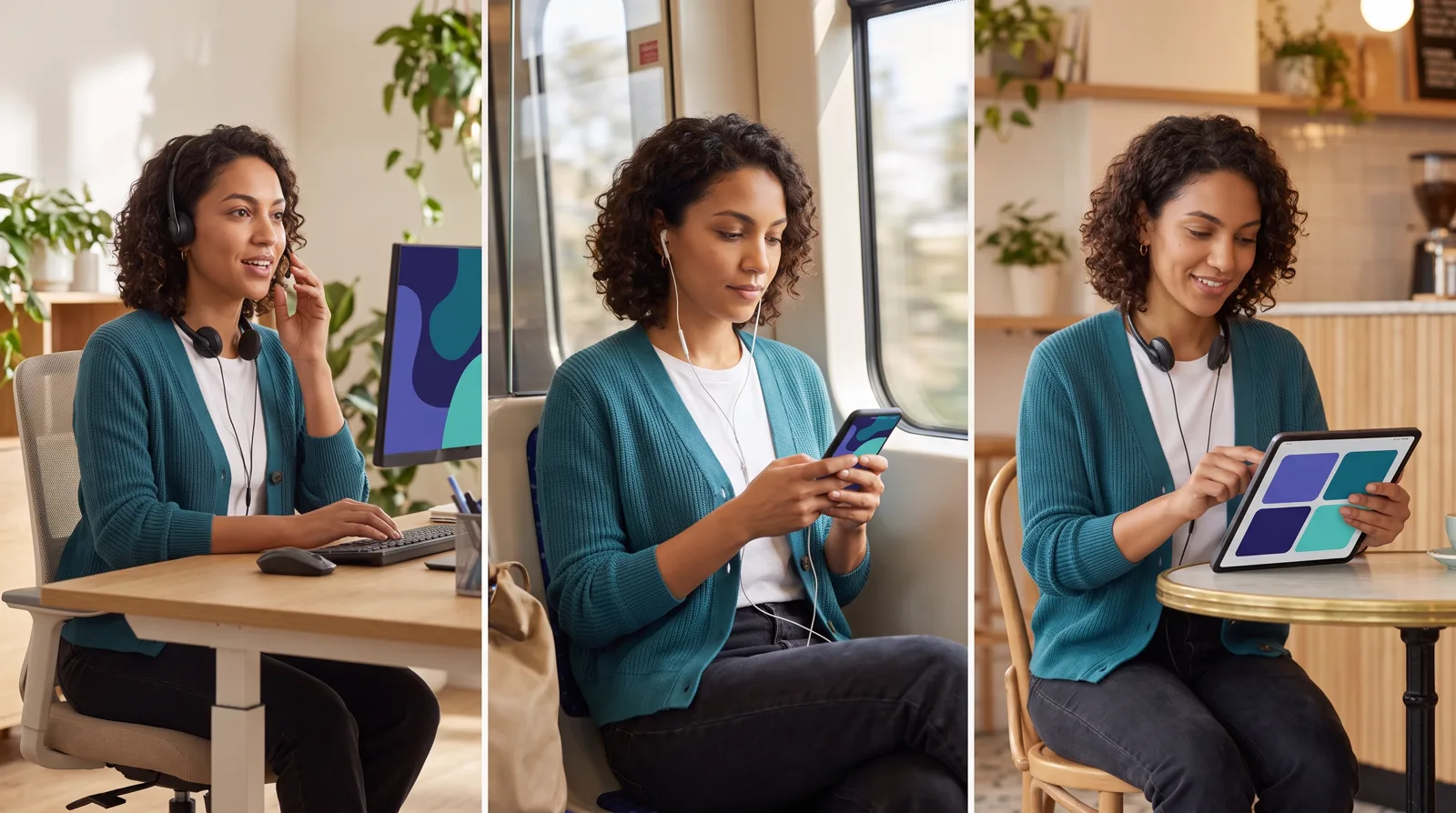 La même apprenante répond à voix haute à son bureau, par écrit dans le train et en touchant une option dans un café