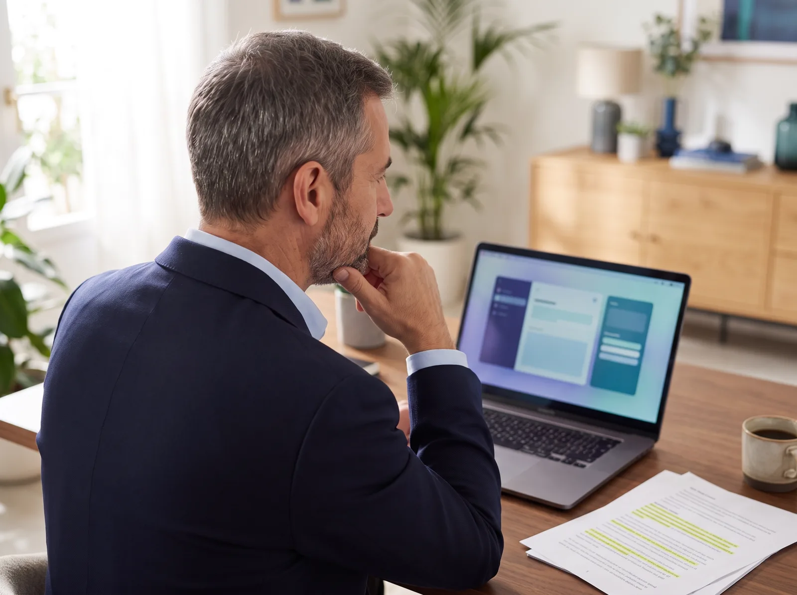 Un directeur RH consulte un rapport d’évaluation sur son ordinateur portable